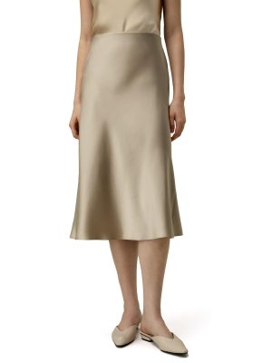 Silk Midi Skirt Bias-Cut 32Momme Double-Faced 100% Silk Charmeuse Side Slit Hem Waistband