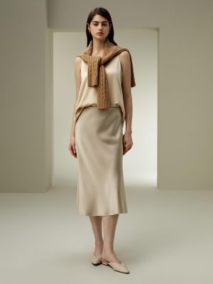 Silk Midi Skirt Bias-Cut 32Momme Double-Faced 100% Silk Charmeuse Side Slit Hem Waistband