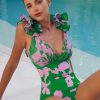 Blue and White V Neck Lace Up Strip Plant Prints One Piece Swimsuit and Skirt/Sarong