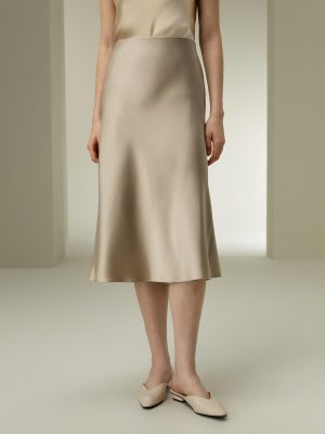 Silk Midi Skirt Bias-Cut 32Momme Double-Faced 100% Silk Charmeuse Side Slit Hem Waistband